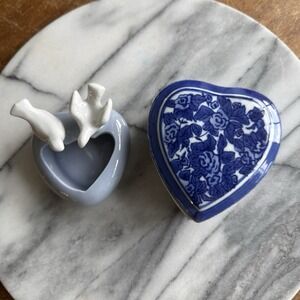 Pair Of Blue Heart Shaped Trinket Dishes One Like Flow Blue/Lid, One With Birds